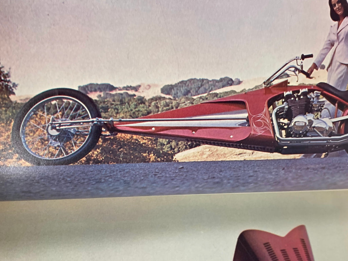 1976 Annual Spring Edition Hot Rod Showdown showing a unique red custom motorcycle, emphasizing the creativity and design innovations in automotive customization during the 1970s.