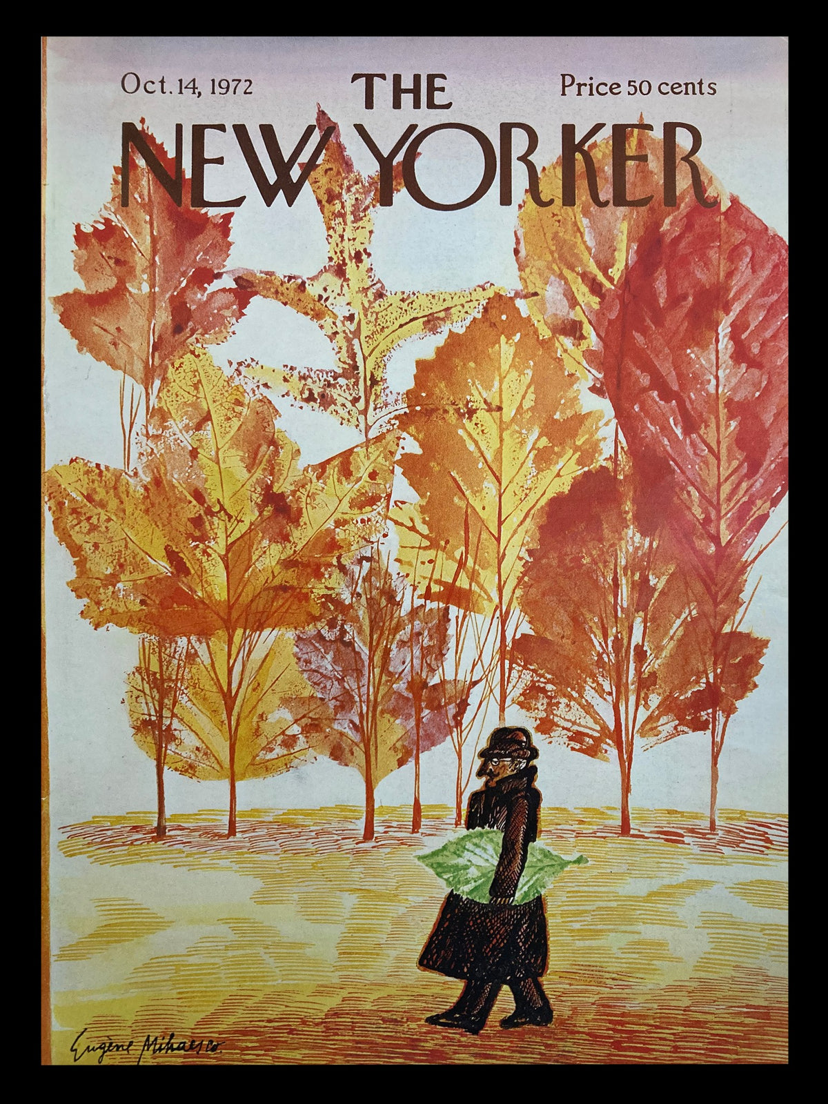 Cover of The New Yorker dated October 14, 1972, featuring 'The Bangor Man' artwork by Eugene Mihaesco, showcasing autumn foliage in vibrant colors.
