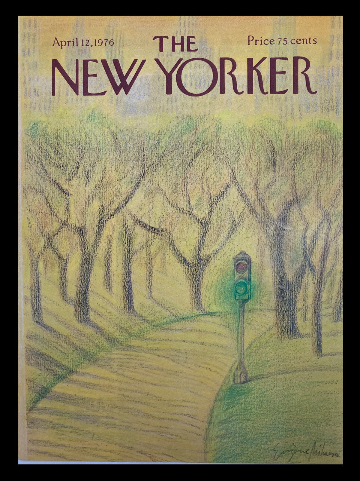 Cover of The New Yorker magazine from April 12, 1976, featuring a light rural road scene by artist Eugene Mihaesco, with a green traffic light and trees, capturing nostalgia and charm.