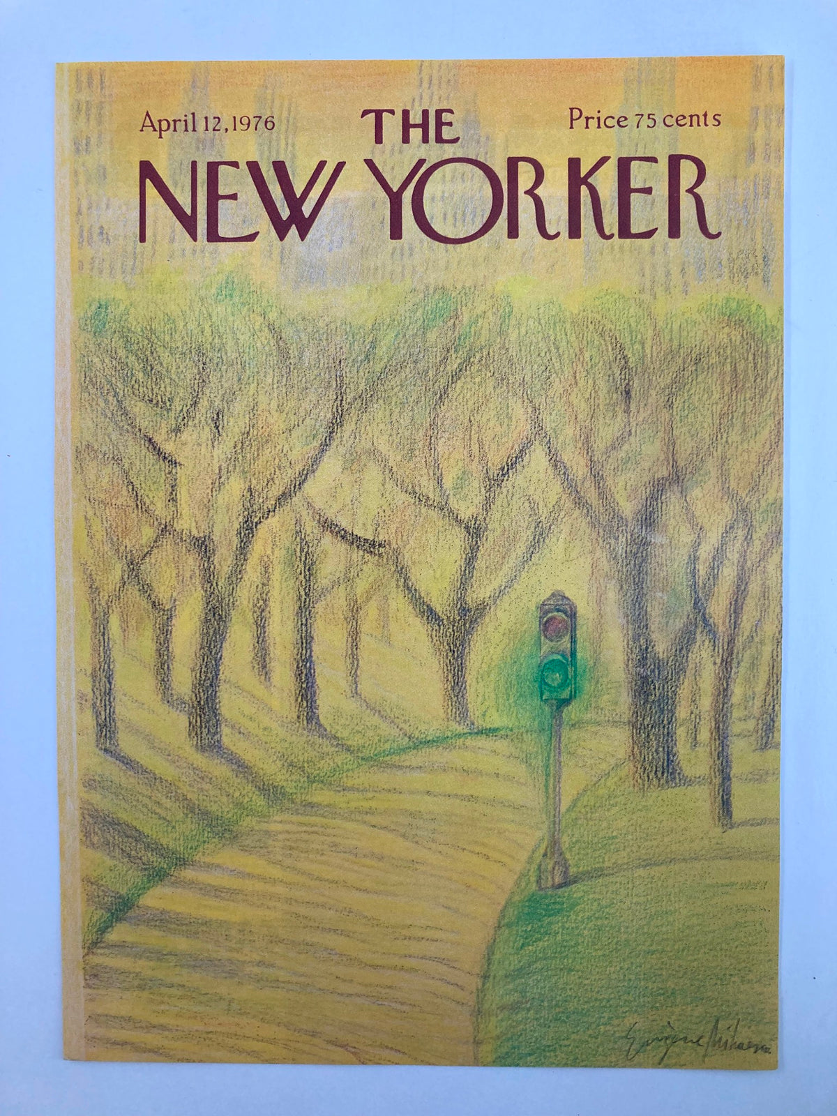 Cover of The New Yorker, April 12, 1976, titled 'COVER ONLY The New Yorker April 12 1976 Light Rural Road' by Eugene Mihaesco, featuring a serene light rural road with trees and a traffic light.