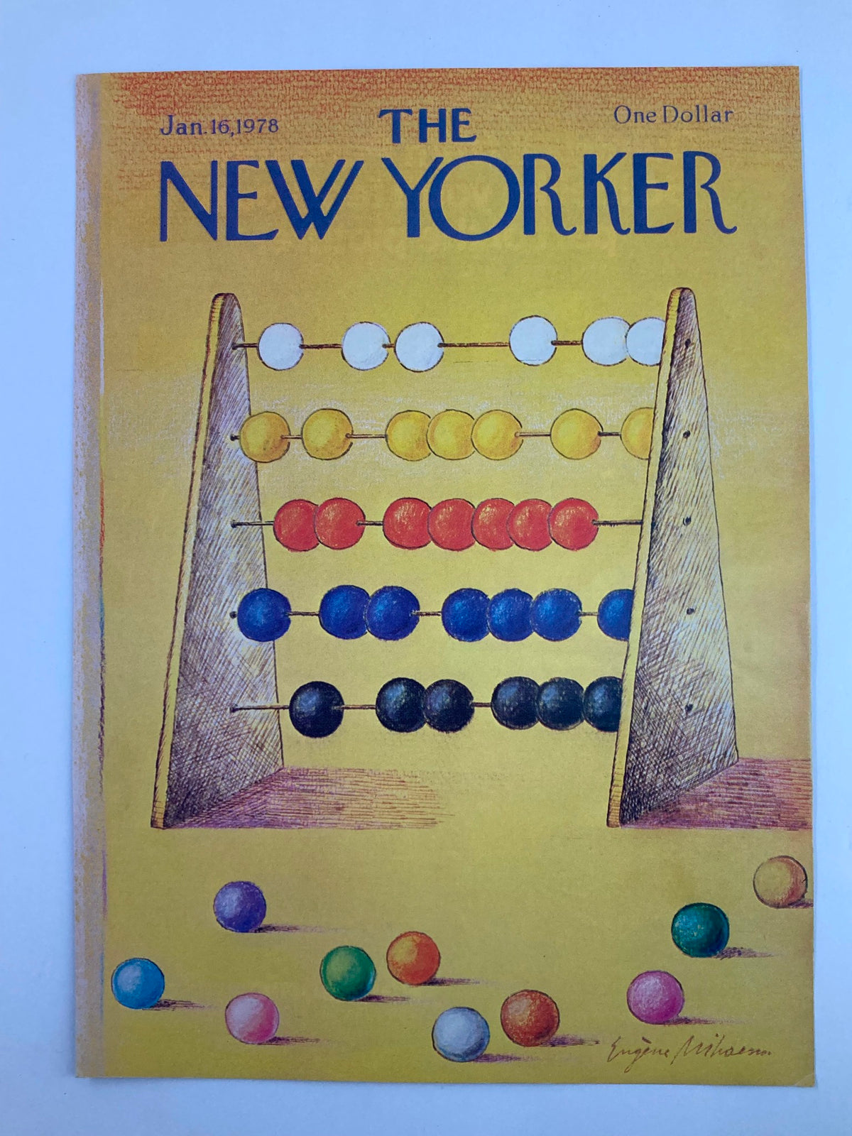 COVER ONLY The New Yorker January 16 1978 featuring an artwork titled 'Abacus' by Eugene Mihaesco. The cover displays a colorful abacus illustration on a bright yellow background, showcasing vibrant beads in various colors, making it an iconic piece of vintage magazine art.