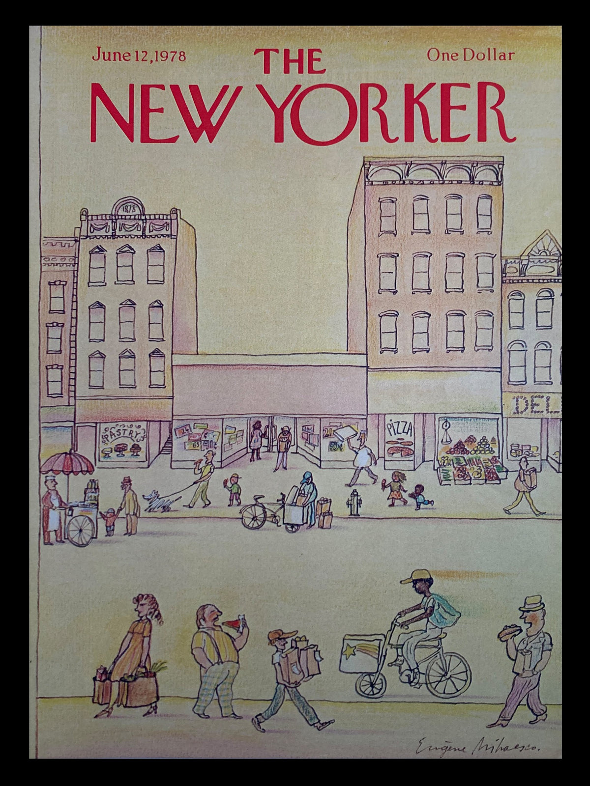 Cover of The New Yorker from June 12, 1978, depicting City Store Shops by Eugene Mihaesco, showcasing vibrant city life and shoppers in a nostalgic urban setting.