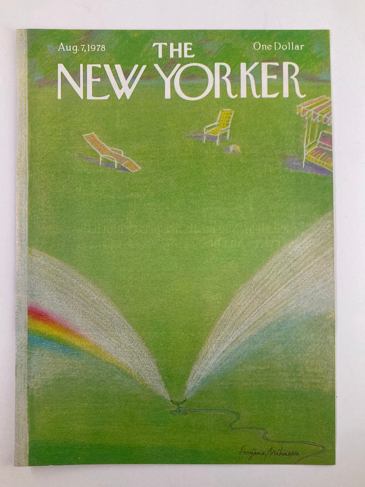 COVER ONLY The New Yorker August 7 1978 displaying a lawn sprinkler art by Eugene Mihaesco, with a colorful depiction and relaxed summer vibes.