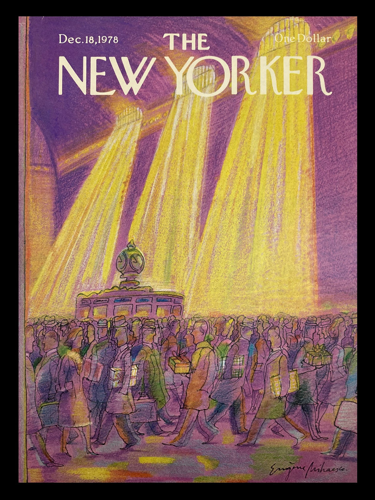 The New Yorker cover from December 18, 1978, featuring the illustration 'Central Station' by Eugene Mihaesco, depicting a bustling crowd illuminated by beams of light.