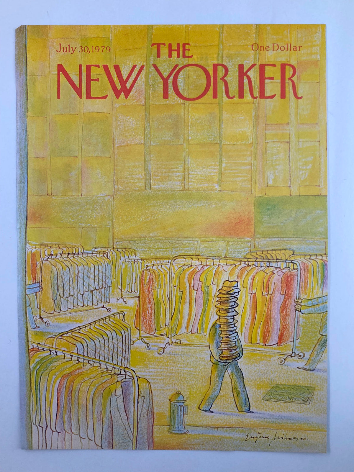 The New Yorker cover from July 30, 1979, designed by Eugene Mihaesco, highlighting a clothing and hat sale scene with colorful garments displayed, capturing the essence of 1970s fashion.