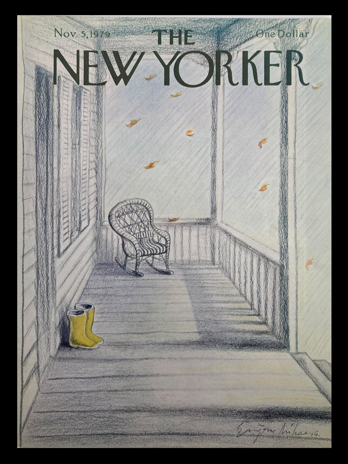 Cover of The New Yorker dated November 5, 1979, illustrating a cozy porch scene with yellow boots, artwork by Eugene Mihaesco.