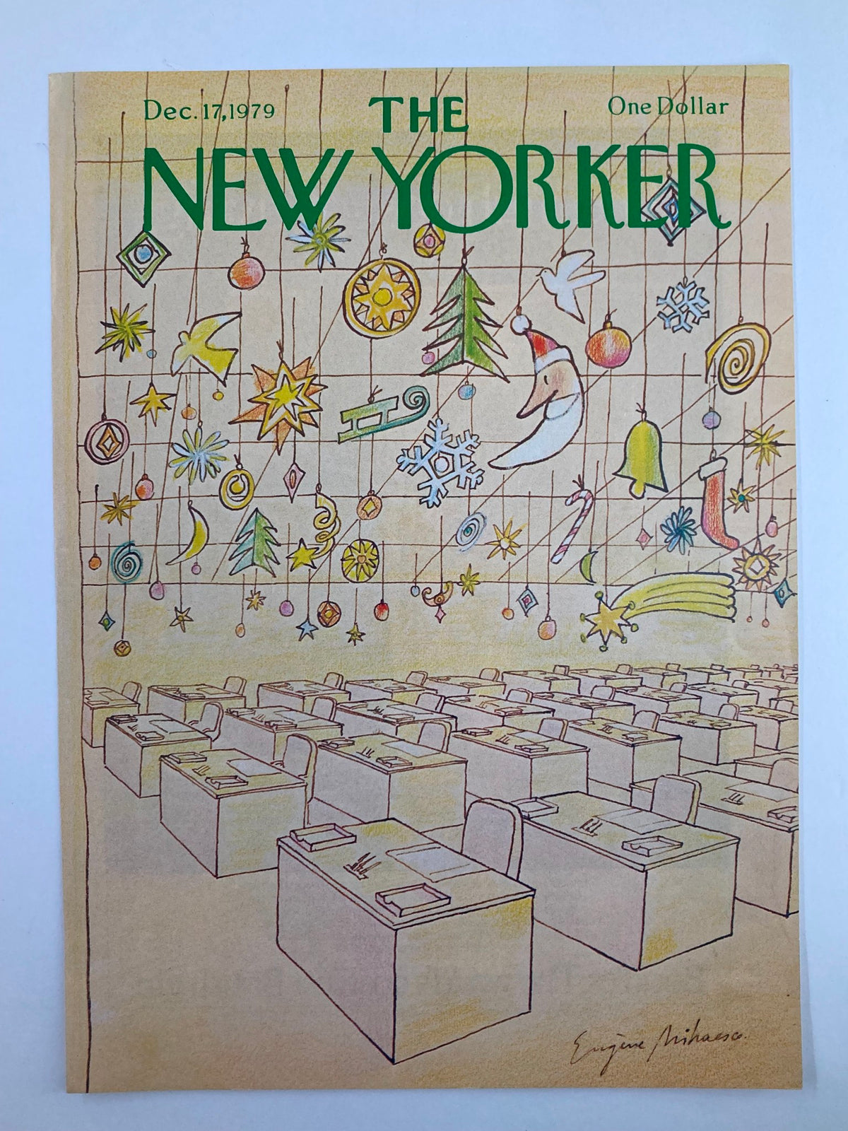 Cover Only The New Yorker December 17 1979 depicting a festive holiday theme with vivid Christmas ornaments above office desks, artwork by Eugene Mihaesco.