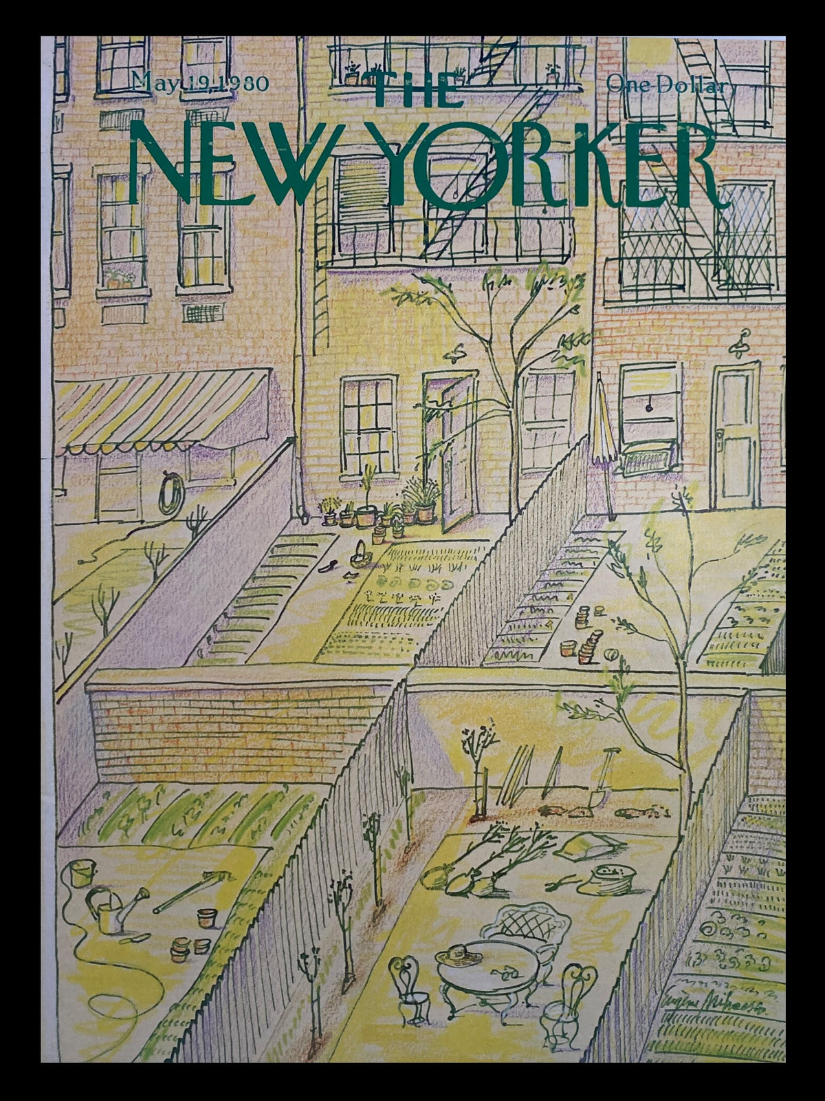 Cover of The New Yorker May 19 1980 titled 'Backyard Greens' by Eugene Mihaesco, featuring a vibrant illustration of urban backyards with gardens, plants, and outdoor seating.