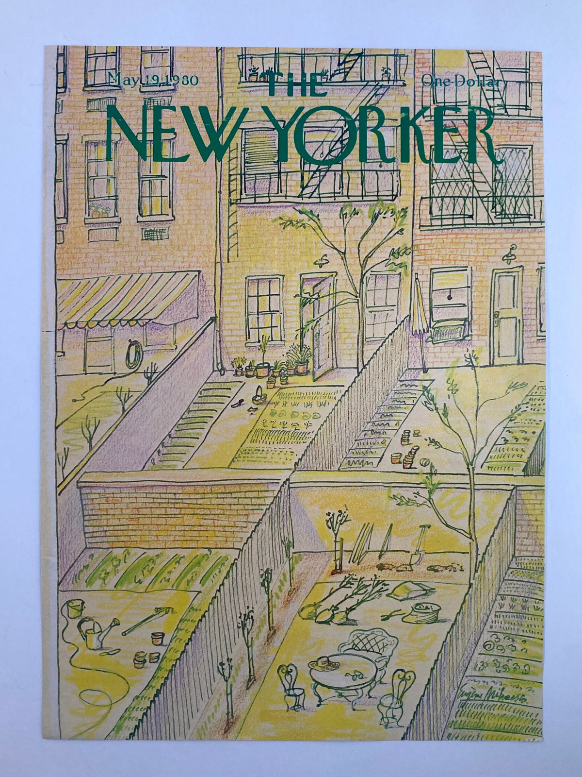 Cover art of The New Yorker, May 19, 1980 issue, titled 'Backyard Greens' by Eugene Mihaesco, depicting a colorful urban garden scene with plants, garden tools, and a charming outdoor dining setup.