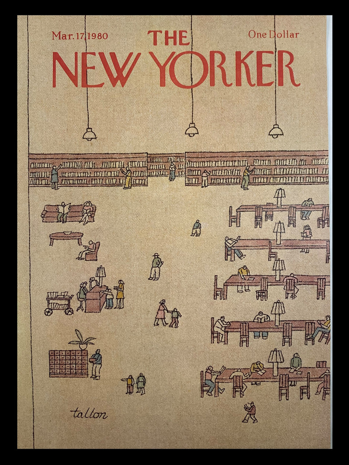 Cover of The New Yorker dated March 17, 1980, illustrated by Robert Tallon, featuring a library scene with readers and bookshelves.