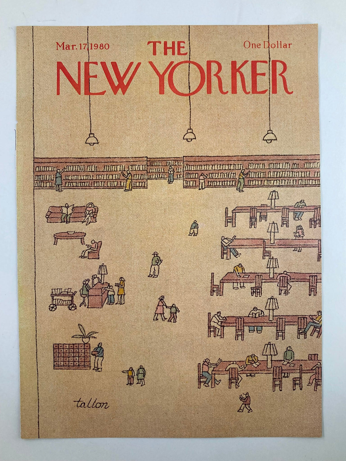 Cover of The New Yorker from March 17, 1980, designed by Robert Tallon, depicting a vibrant library setting with people engaged in reading.