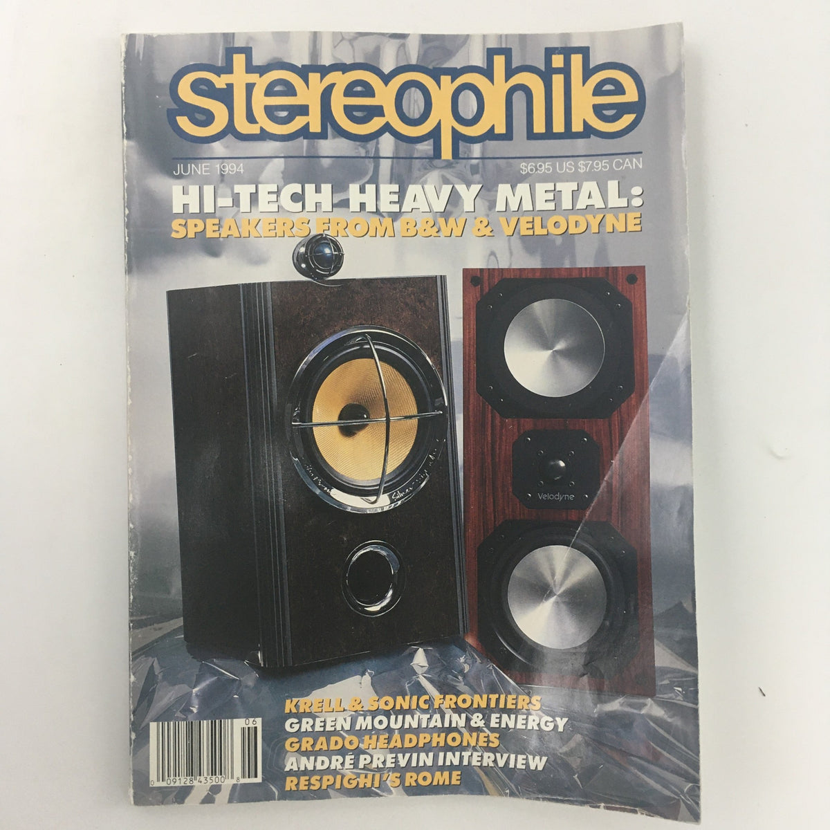 Stereophile Magazine June 1994 cover featuring Hi-Tech Heavy Metal Speakers from Bowers & Wilkins (B&W) and Velodyne, showcasing iconic audio technology of the 1990s.