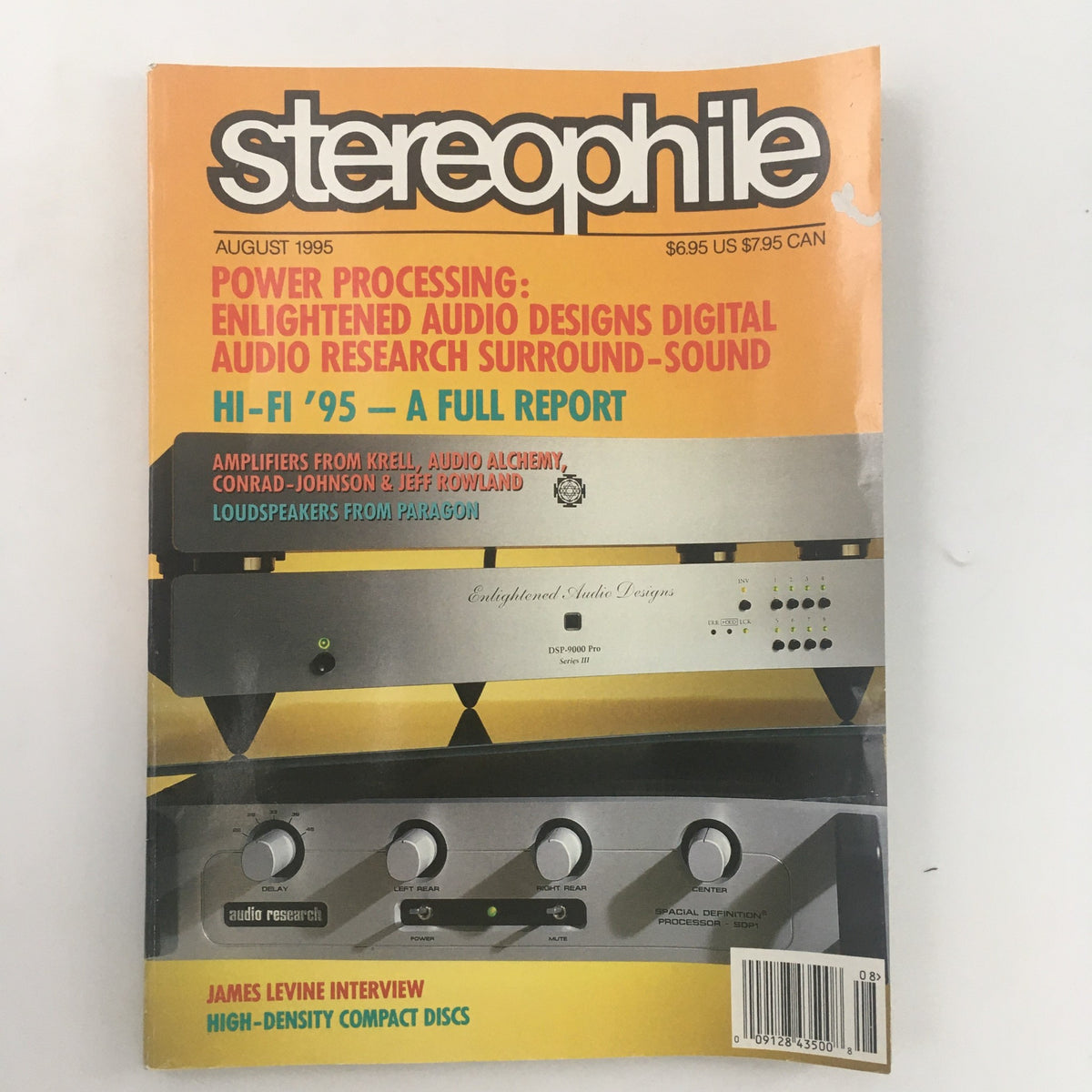 Cover of Stereophile Magazine August 1995 featuring the James Levine Interview, highlighting topics such as Power Processing and High-Density Compact Discs.