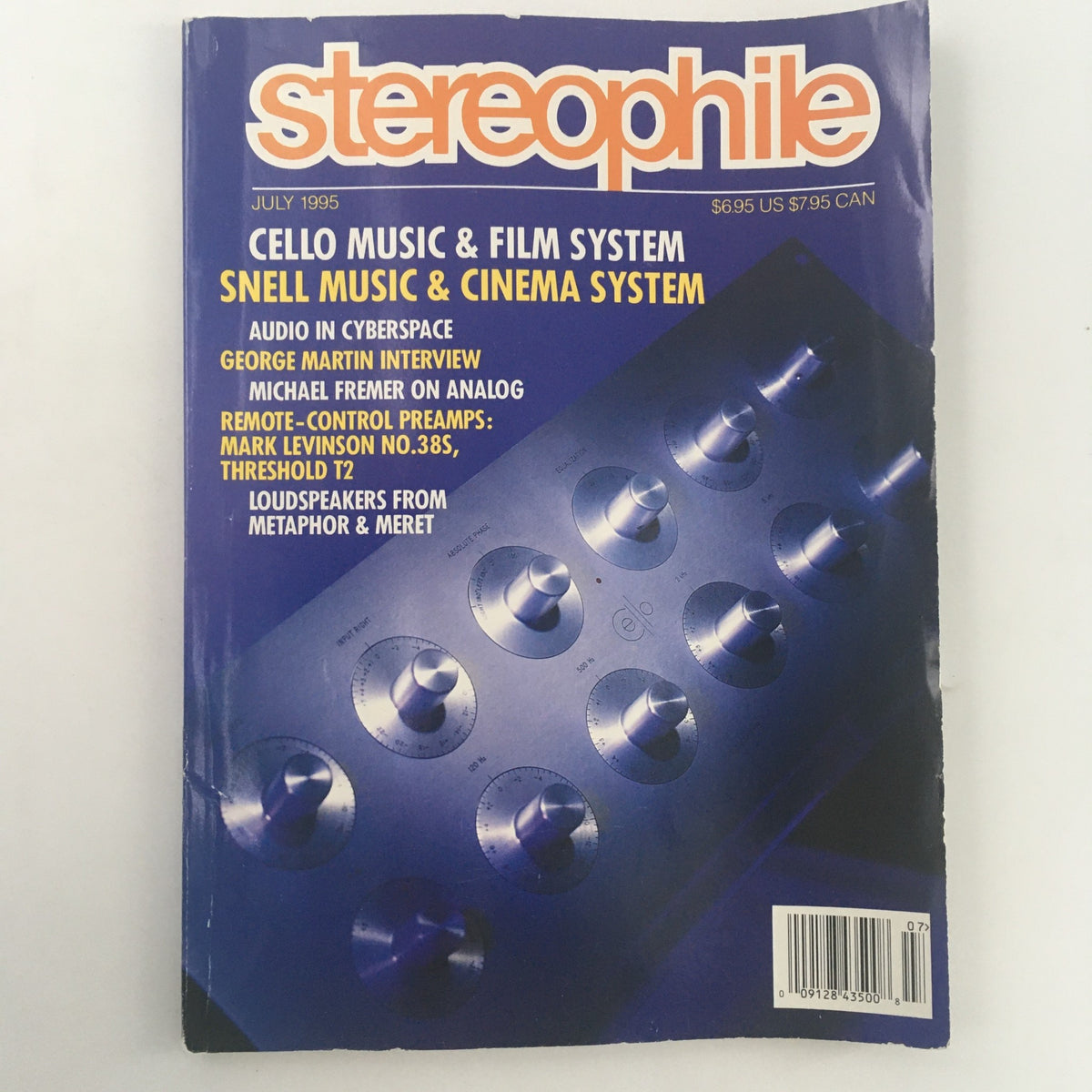 Cover of Stereophile Magazine July 1995 featuring 'The George Martin Interview', showcasing audio equipment and articles on music systems including Cello Music & Film System, Snell Music & Cinema System.