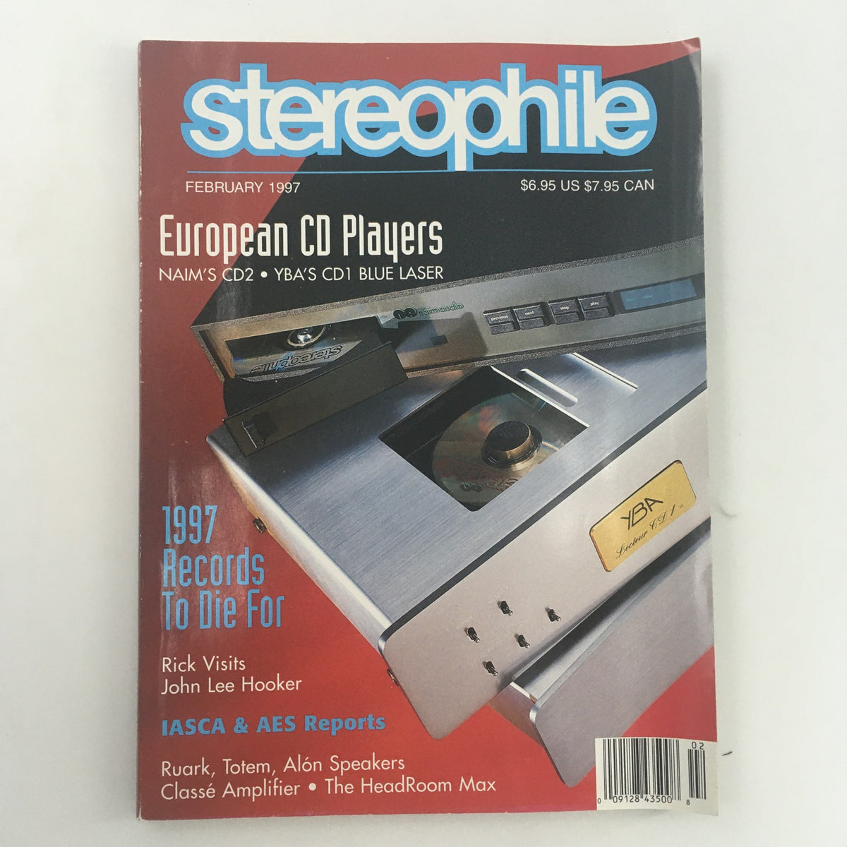 Cover of Stereophile Magazine February 1997 featuring Rick's visit with John Lee Hooker, highlighting European CD players and notable music articles from that era.