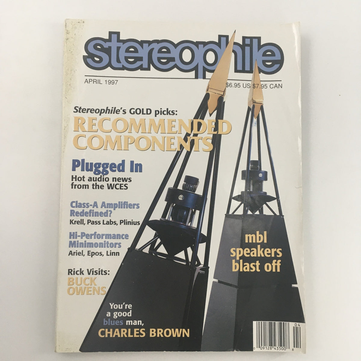 Stereophile Magazine April 1997 featuring blues artist Charles Brown on the cover, showcasing recommended components and hot audio news from the WCES, in good condition.