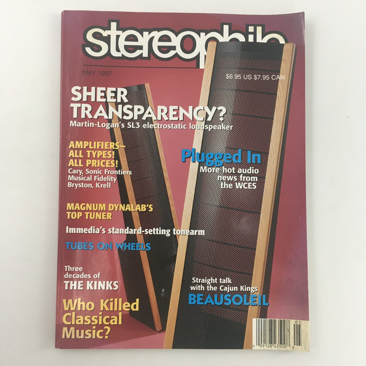 Cover of Stereophile Magazine May 1997 featuring the title 'Sheer Transparency?' with an image of Martin-Logan's SL3 electrostatic loudspeaker, highlighting content about amplifiers, audio news, and a segment on Cajun Kings Beausoleil.