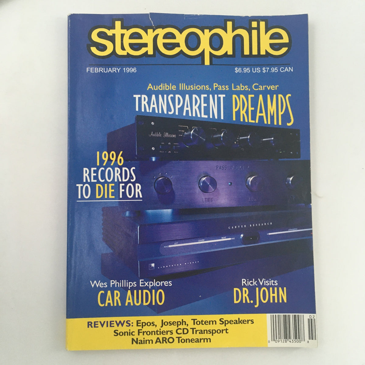 Stereophile Magazine February 1996 cover featuring articles on car audio, transparent preamps, and records to die for. Highlights include Wes Phillips exploring car audio technology.