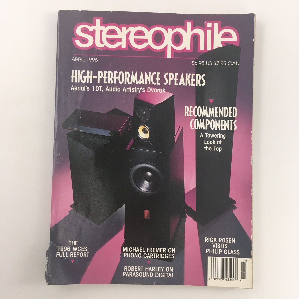 Cover of Stereophile Magazine April 1996 featuring a headline on high-performance speakers, an article by Michael Fremer on phono cartridges, and other audio-related content.