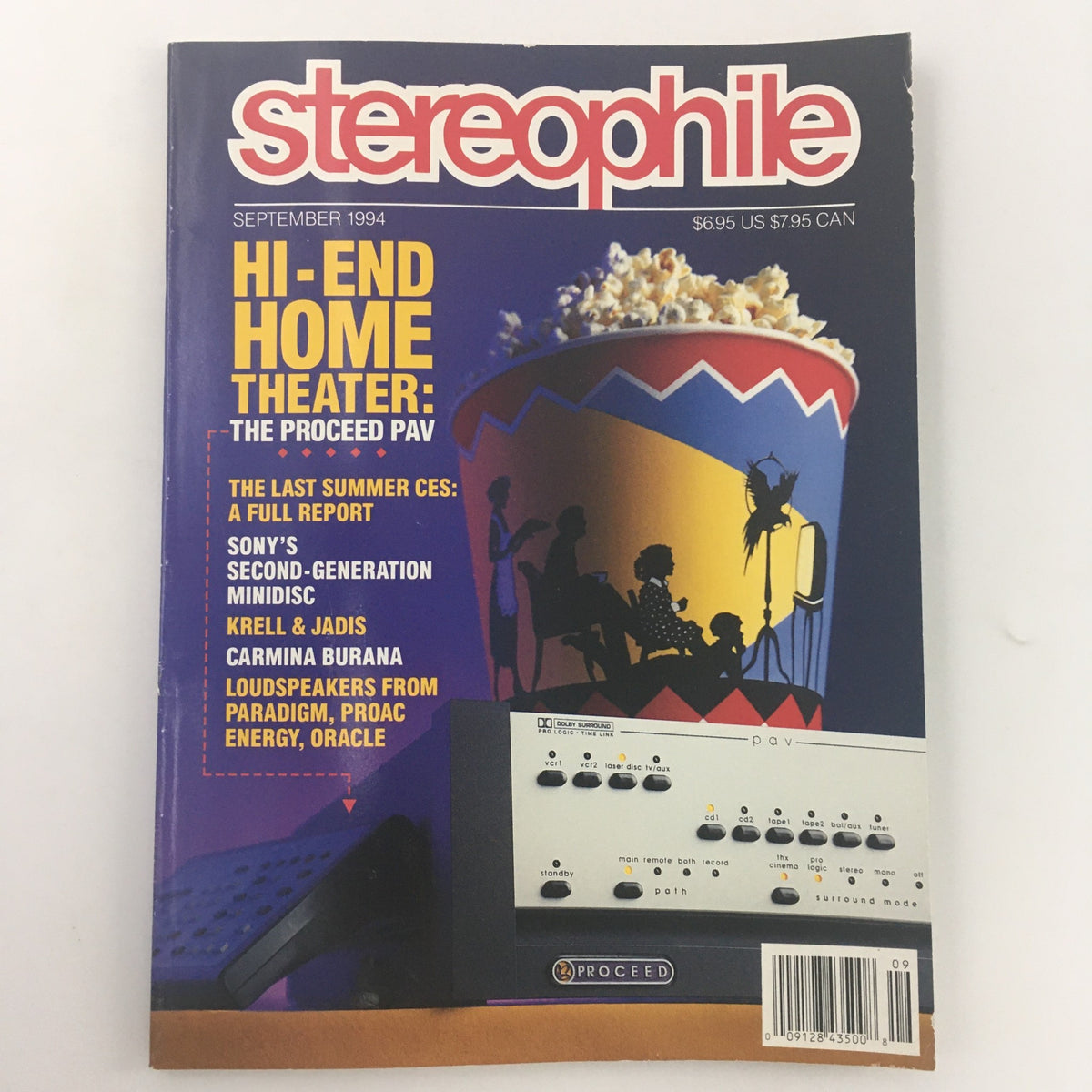 Cover of Stereophile Magazine September 1994 featuring an article on Hi-End Home Theater, including Krell and Jadis, and Carmina Burana. The cover displays a colorful popcorn bucket design, highlighting audio equipment and showcasing various product features.
