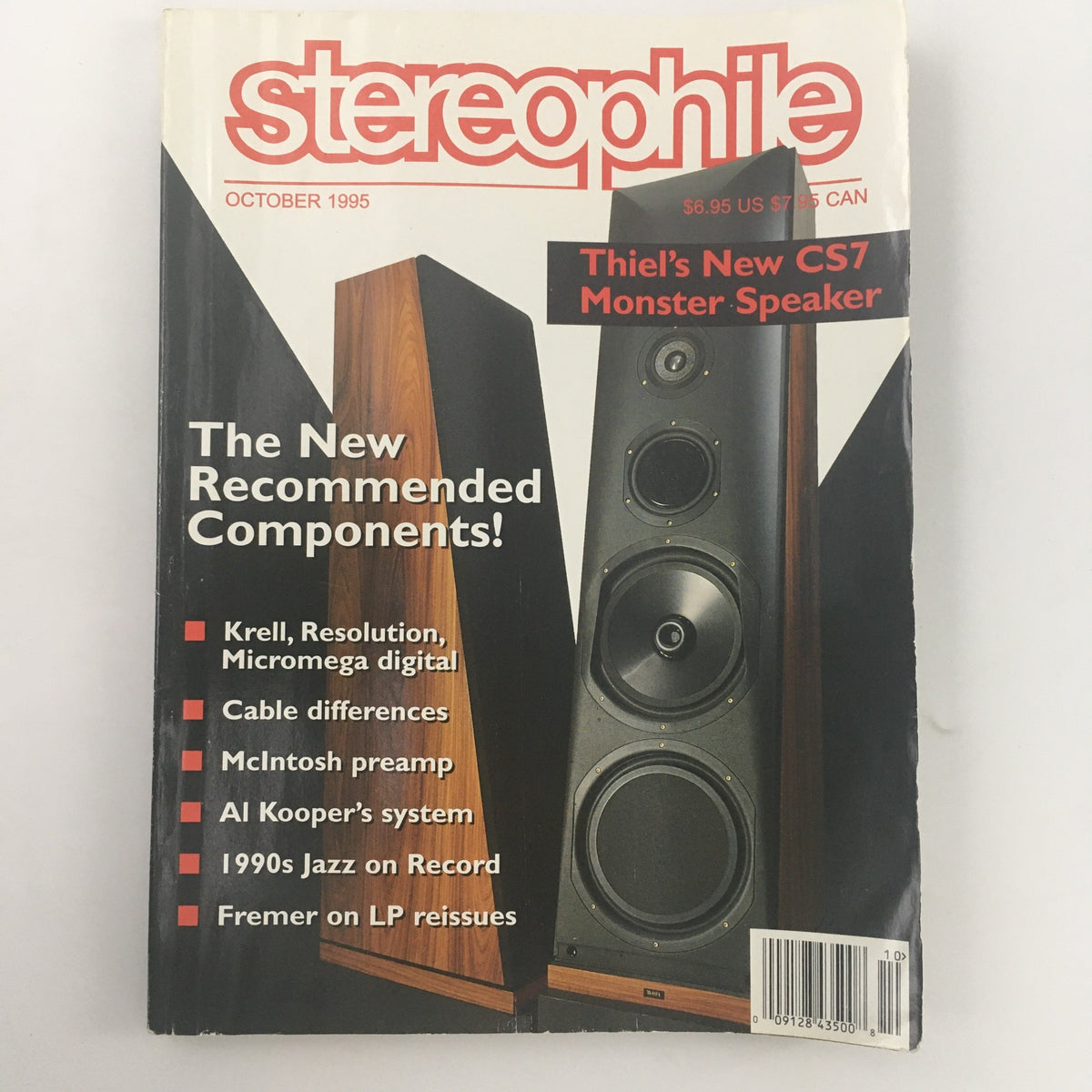 Cover of Stereophile Magazine October 1995 featuring Thiel's New CS7 Monster Speaker. The headline highlights new recommended components and includes topics on cable differences, audio equipment, and 1990s music culture.