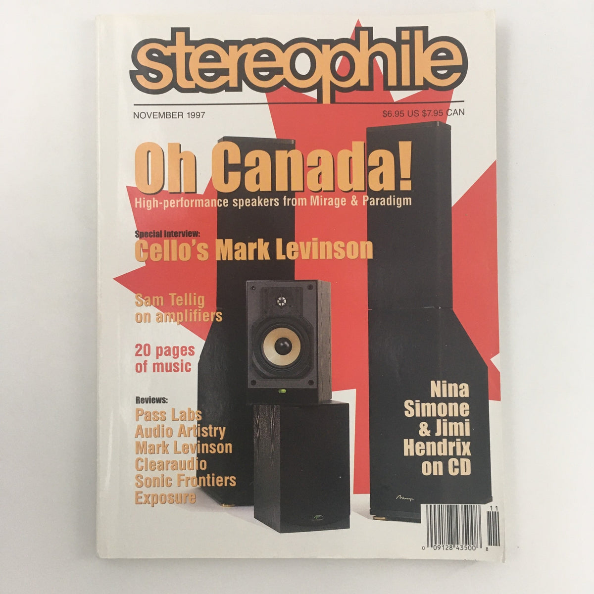 Cover of Stereophile Magazine, November 1997, featuring a special interview with Cello's Mark Levinson, showcasing high-performance speakers and an emphasis on audio innovations from the late 1990s.