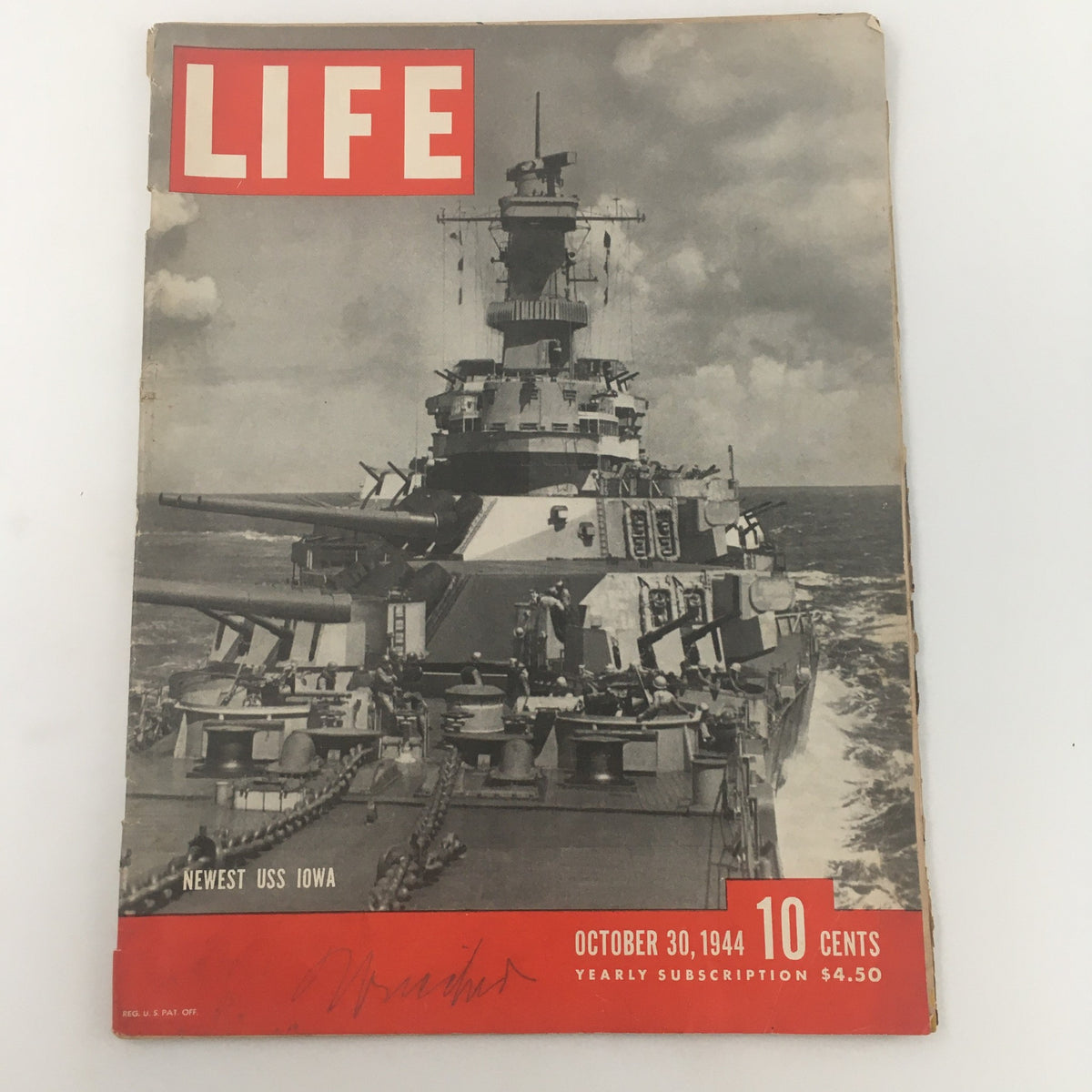 VTG Life Magazine October 30 1944 featuring the newest USS Iowa on the cover, showcasing a historical photograph of the battleship with a description highlighting its significance during World War II.