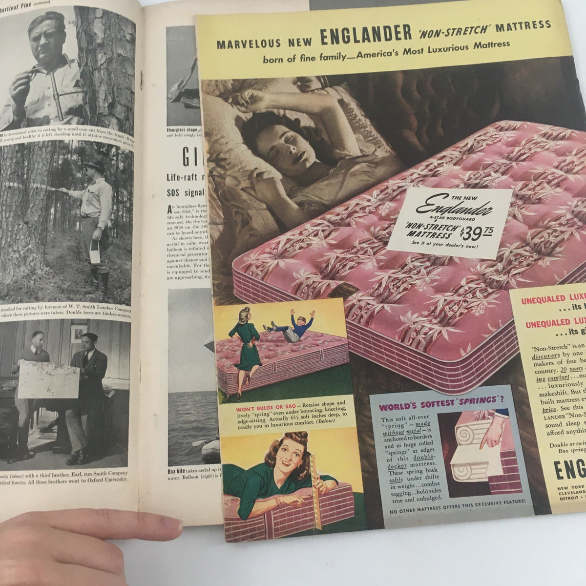 VTG Life Magazine June 21 1943 interior page showcasing an advertisement for Englander 'Non-Stretch' Mattress.