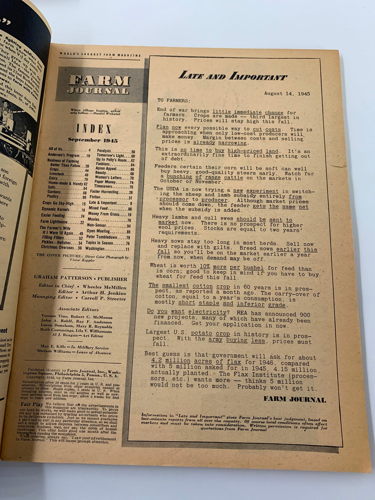 Farm Journal Magazine September 1945 featuring the index and articles discussing agricultural changes post-World War II.