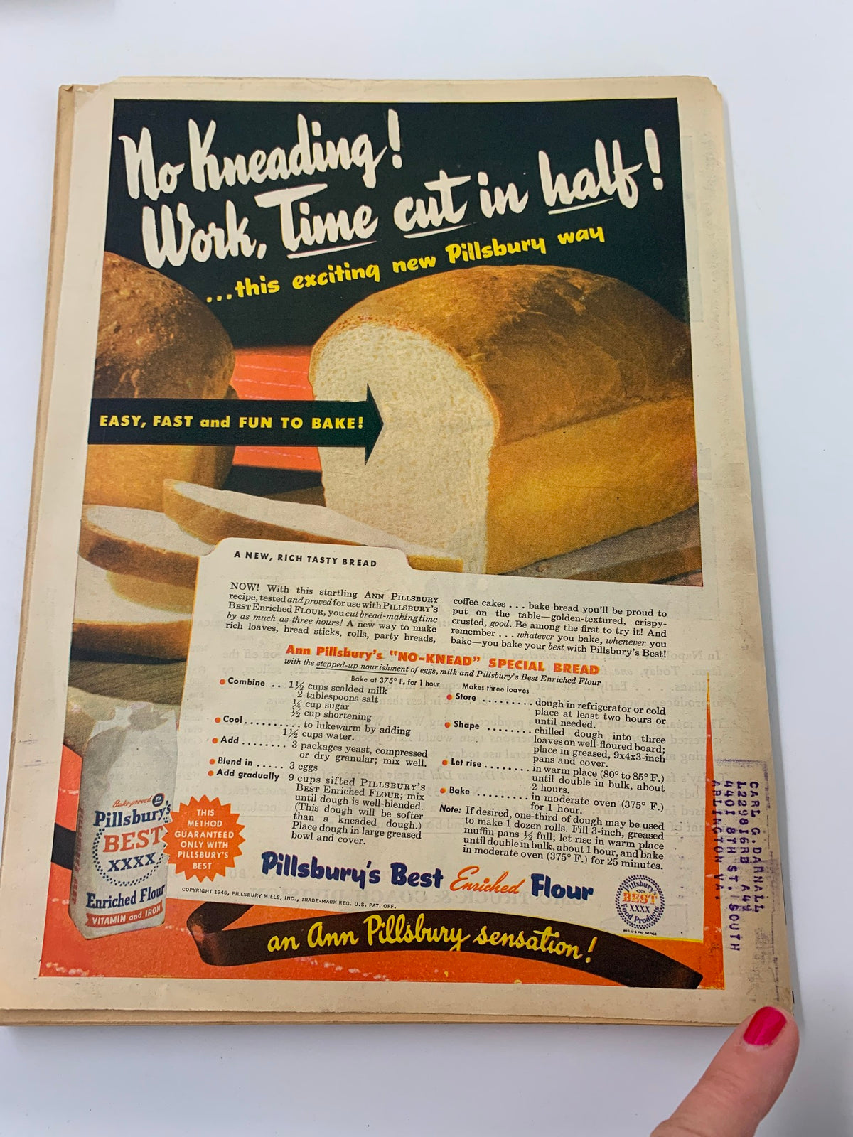Pillsbury advertisement from the Farm Journal Magazine November 1945 promoting a no-knead bread recipe using Pillsbury's Best Enriched Flour for easy and fast baking.
