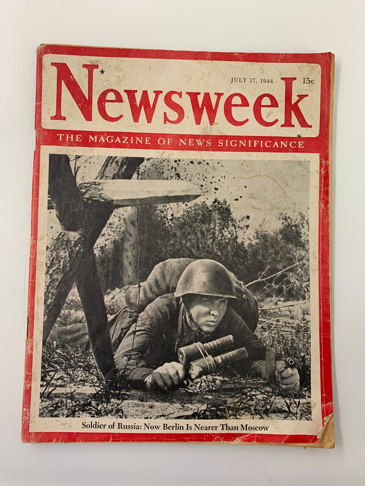 VTG Newsweek Magazine July 17 1944 cover featuring a soldier with the title 'Soldier of Russia Now Berlin Is Nearer Than Moscow', capturing a poignant moment in World War II.