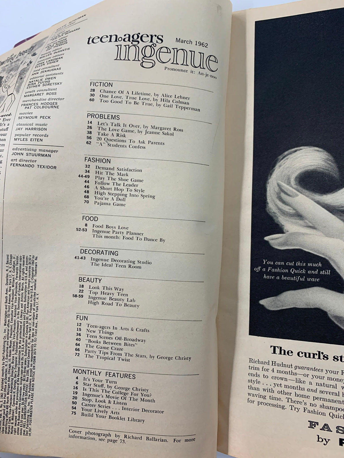 Interior page of the VTG Teen-Agers Ingenue Magazine March 1962, featuring the contents list including sections on fiction, problems, fashion, food, decorating, beauty, and fun.