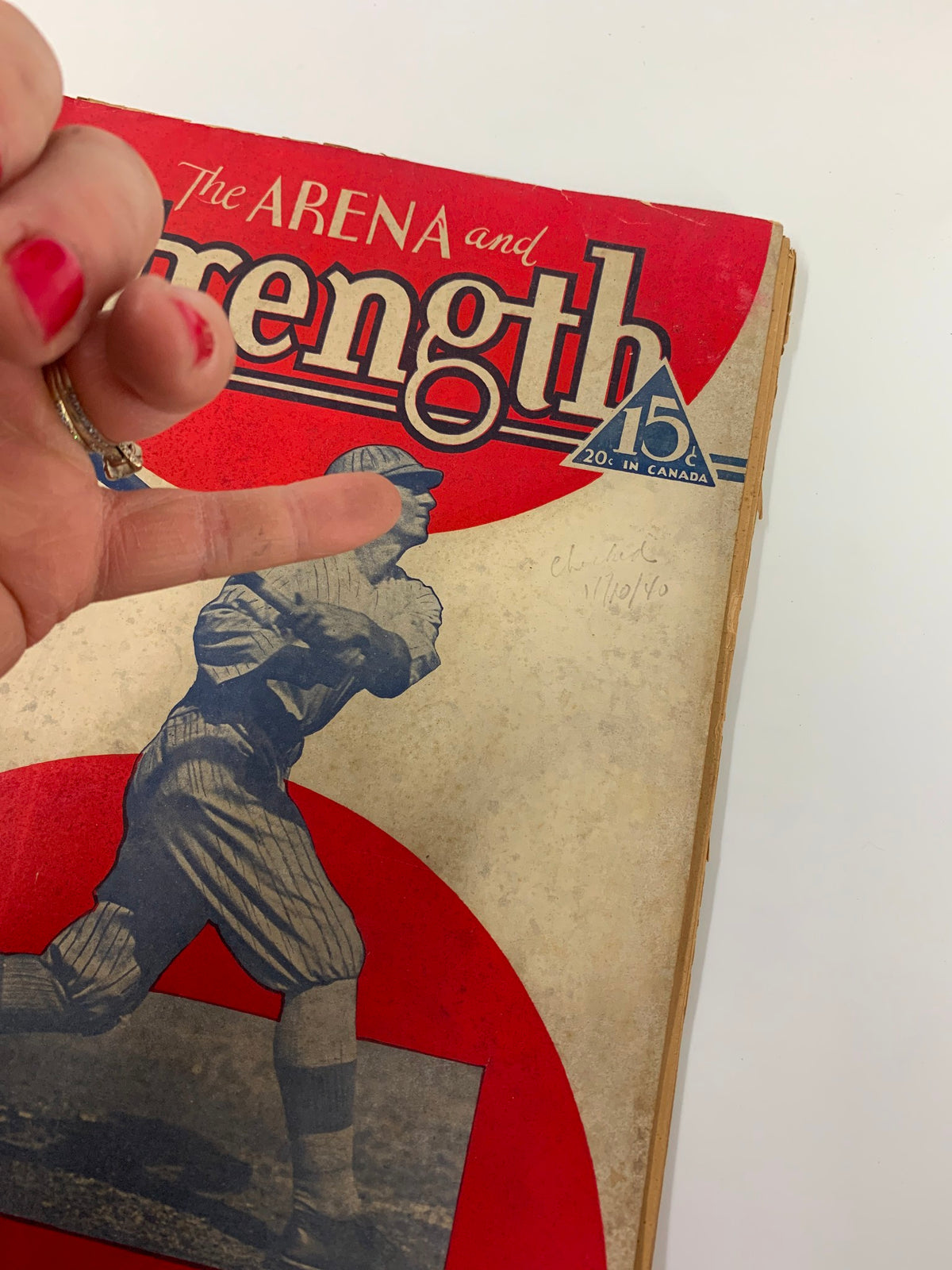 Cover of VTG The Arena and Strength Magazine from May 1934 featuring a baseball player and the title in bold red and blue colors.