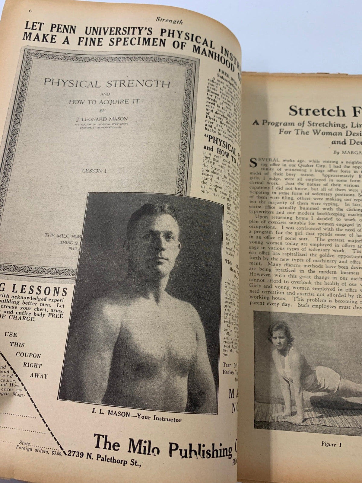 Page from VTG The Arena and Strength Magazine showcasing J.L. Mason as the instructor with text promoting physical strength.