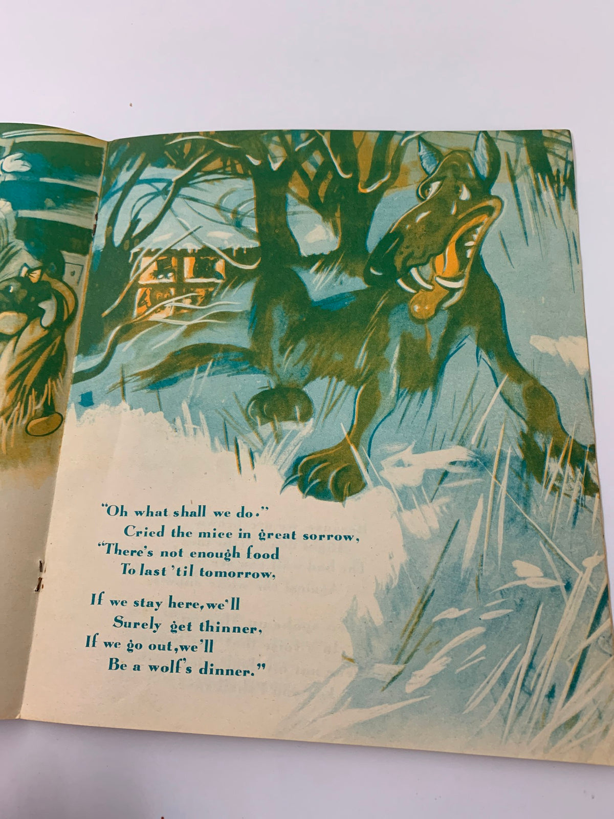 Illustration from the 1948 Morton Action Toy Book, showing a dramatic scene with mice discussing their challenge, emphasizing the narrative and character dynamics.
