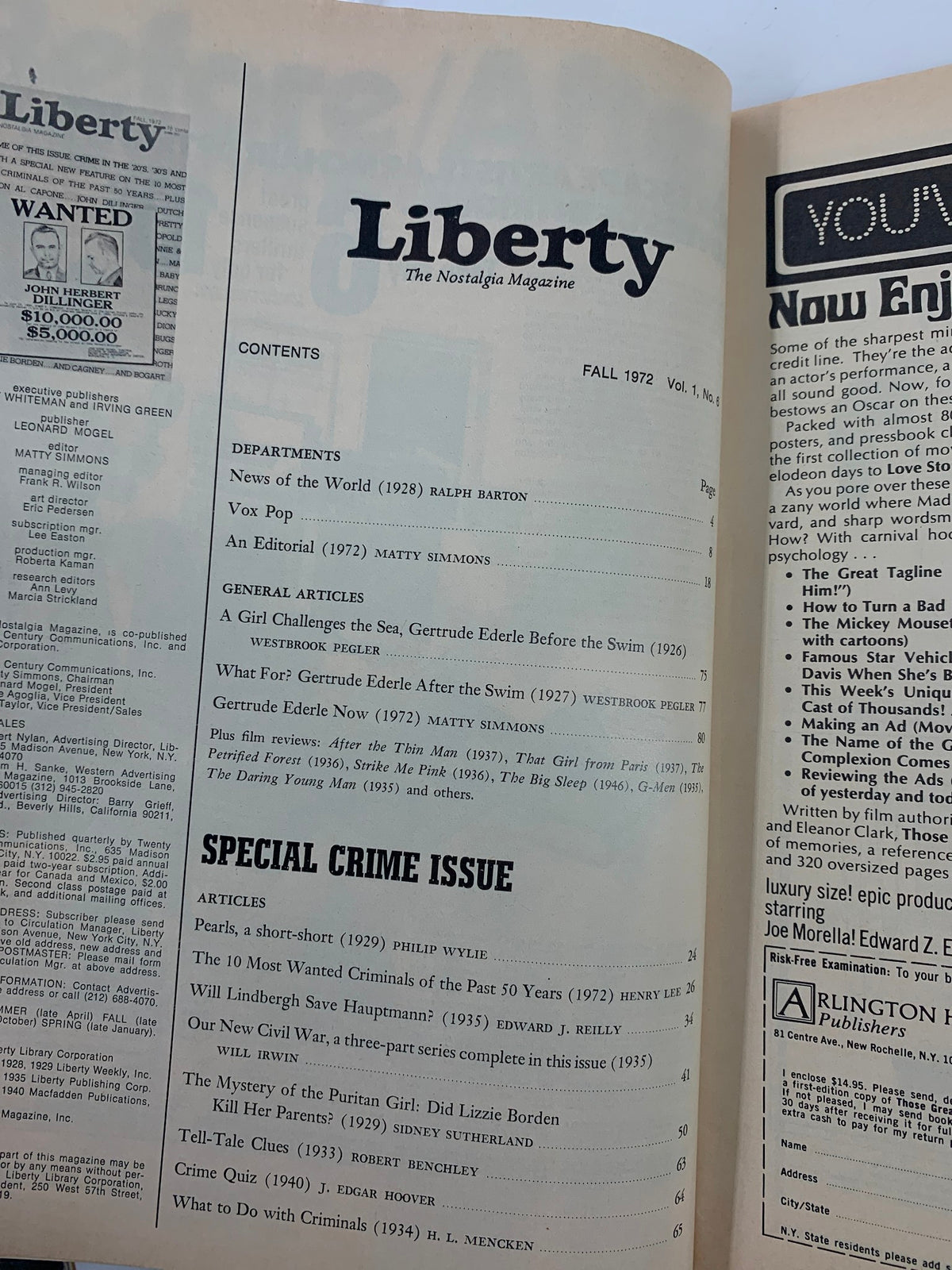 Inside page of VTG Liberty Magazine Fall 1972 displaying the contents and articles, including features on John Herbert Dillinger and crime trends.