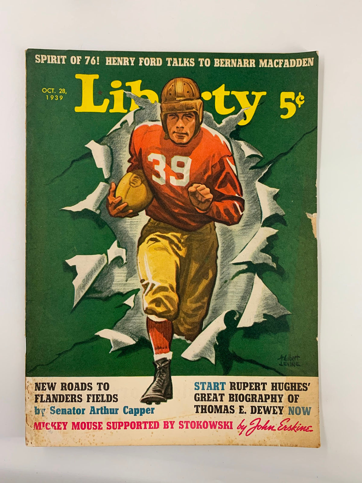 VTG Liberty Magazine October 1939 cover featuring a football player in red jersey with the number 39, iconic Mickey Mouse supported by Stokowski, and bold yellow text.