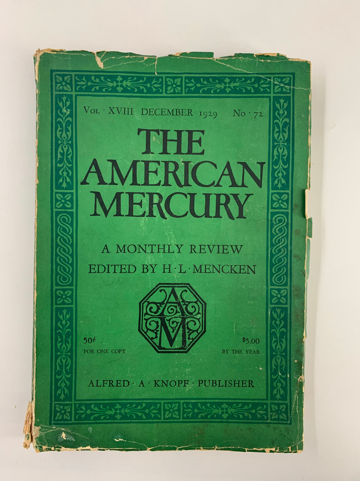 Cover of The American Mercury Magazine, December 1929 edition, featuring a vintage green design with the title 'THE AMERICAN MERCURY' prominently displayed, edited by H. L. Mencken. This collectible magazine reflects the rich history of American literature and culture.