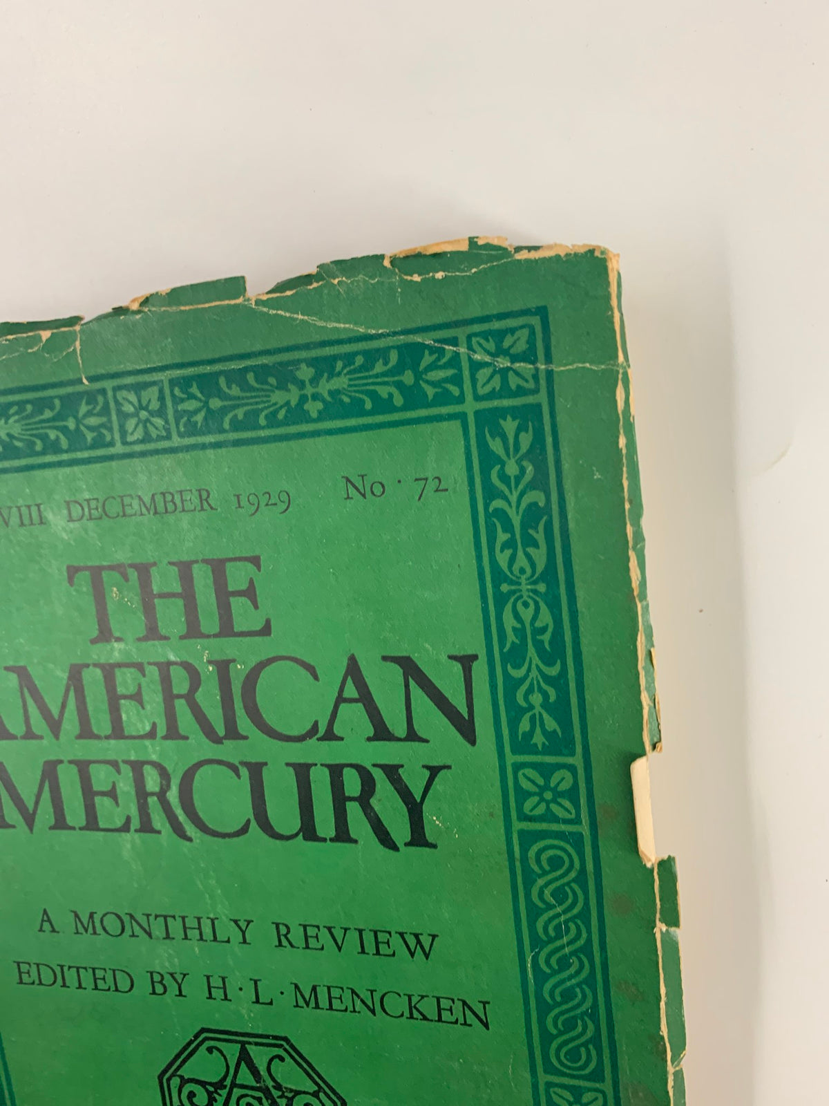 Cover detail of VTG The American Mercury Magazine December 1929 The Secretariat, showcasing its intricate borders and editorial details.