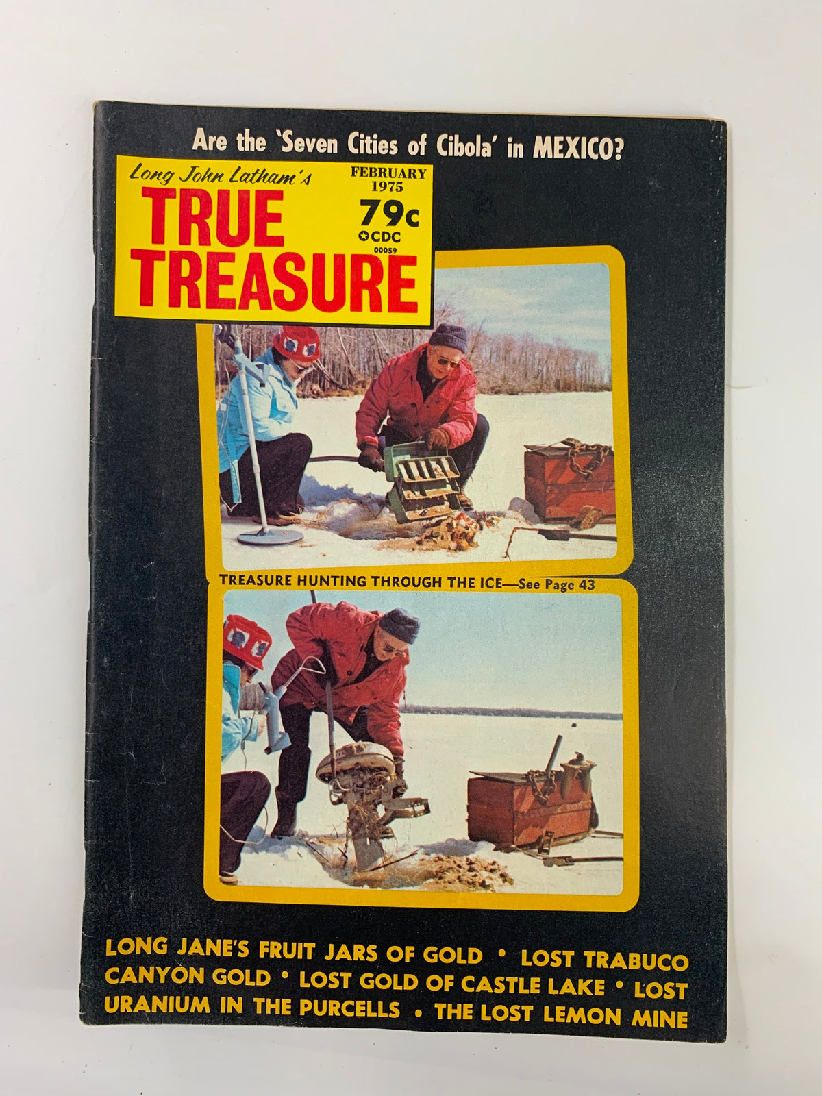 Cover of VTG True Treasure Magazine February 1975 featuring Long Jane's Fruit Jars of Gold, with two individuals treasure hunting on ice, showcasing vintage magazine design.