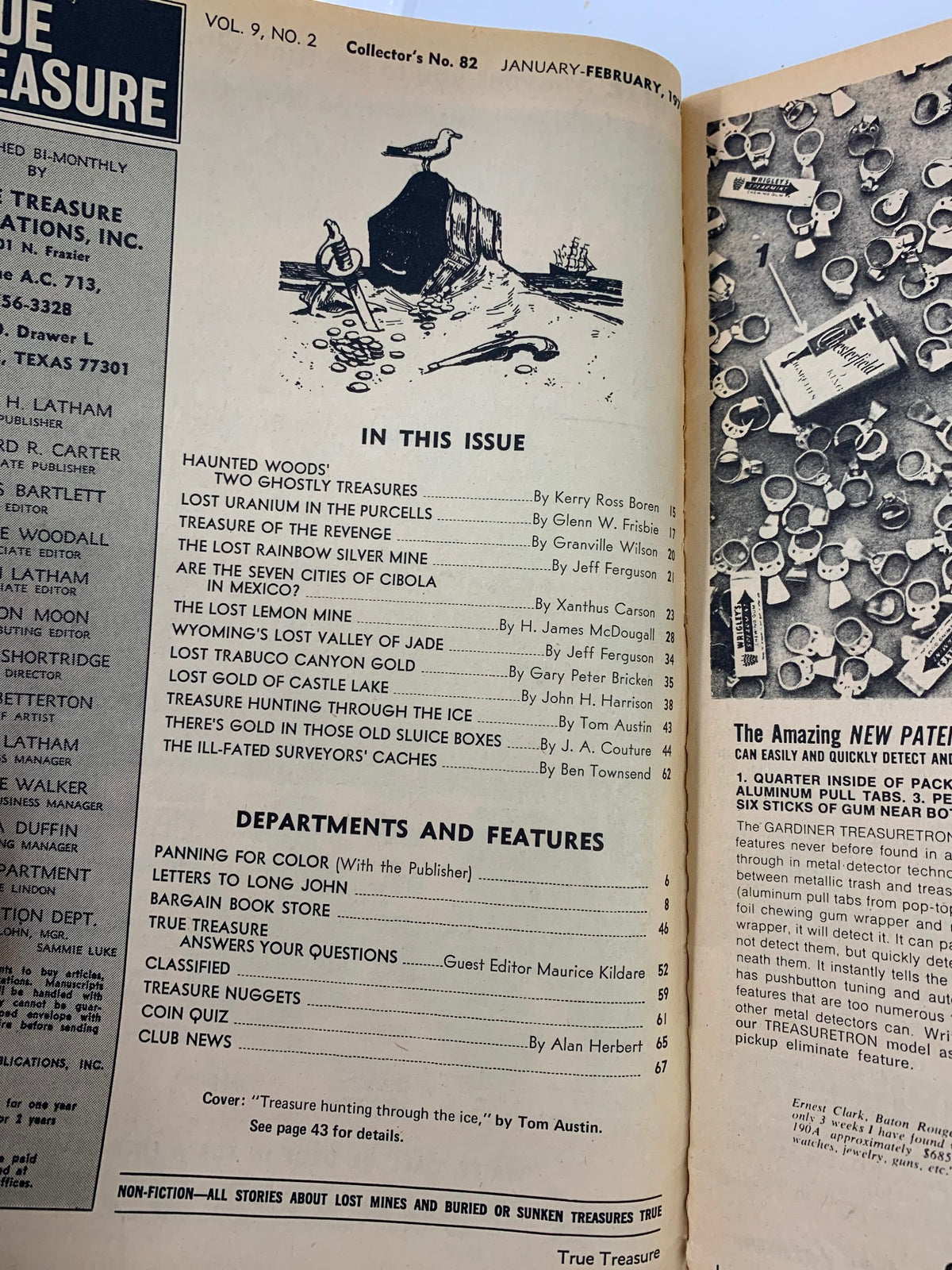 Inside page of VTG True Treasure Magazine February 1975 displaying the table of contents with various articles, including 'Lost Uranium in the Purcells' and 'Treasure Hunting Through the Ice.'