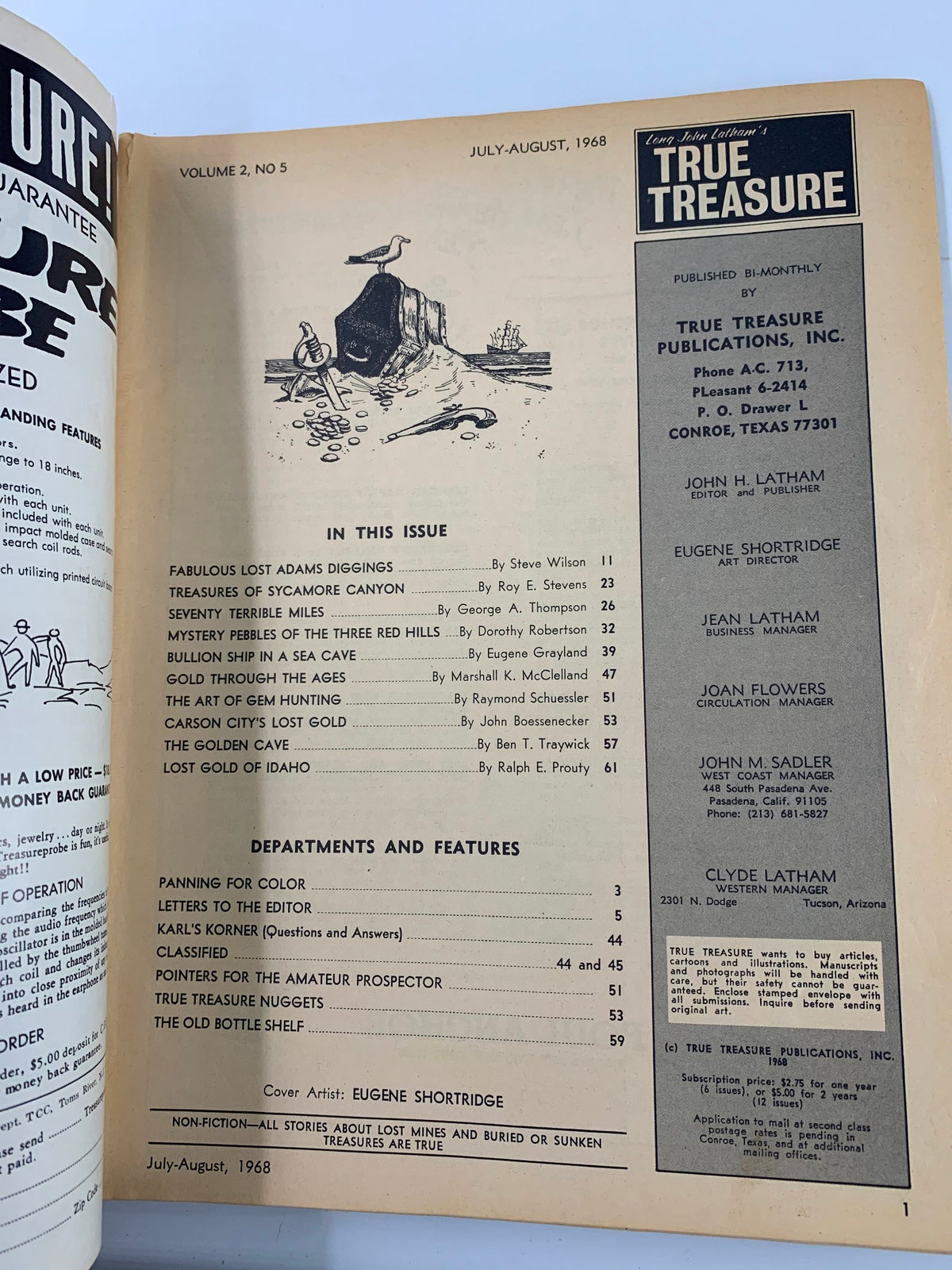 Inside page of VTG True Treasure Magazine August 1968 displaying the table of contents with featured articles like 'Fabulous Lost Adam Diggings' and 'Treasures of Sycamore Canyon'.