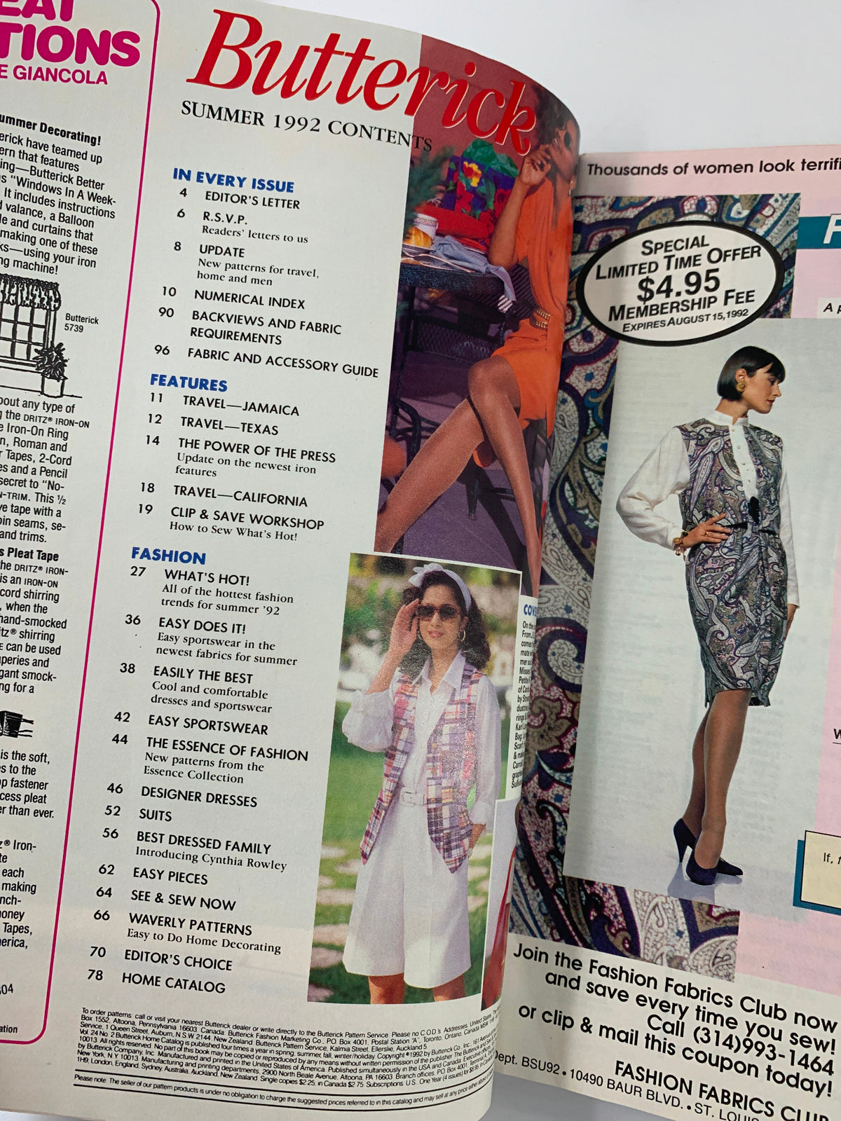 Contents page of Butterick Magazine Summer 1992, outlining various features including fashion trends, travel, and sewing workshops, highlighting its focus on new summer fabrics.
