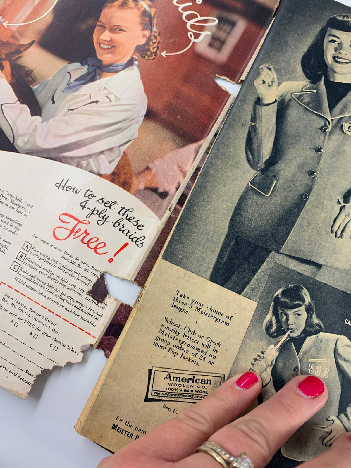 Inside pages of the VTG Calling All Girls Magazine September 1946, displaying vintage advertisements and cultural insights from the 1940s.