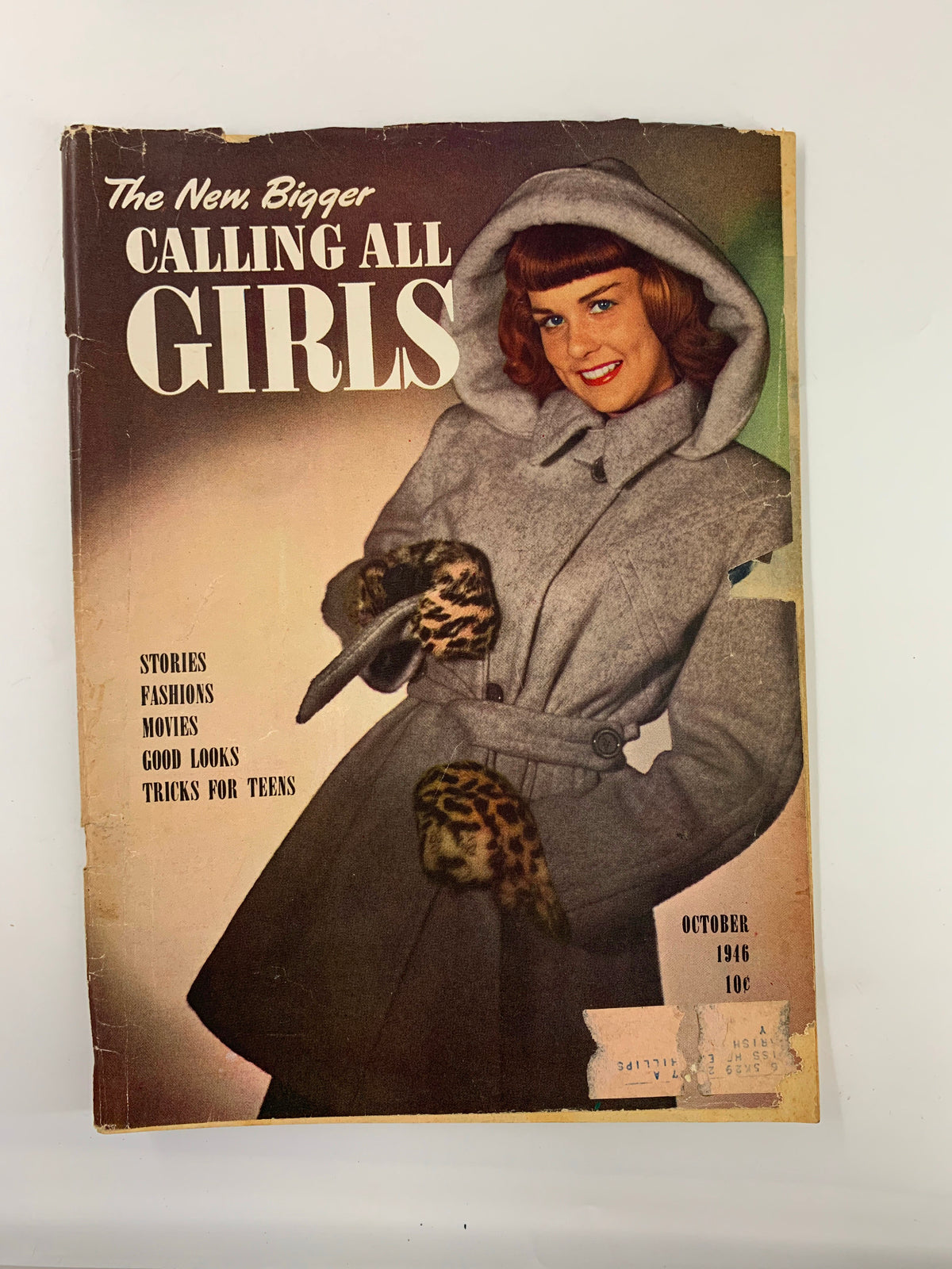 Cover of VTG Calling All Girls Magazine October 1946 showcasing a woman in a stylish fur coat, highlighting teen fashion trends of the era.