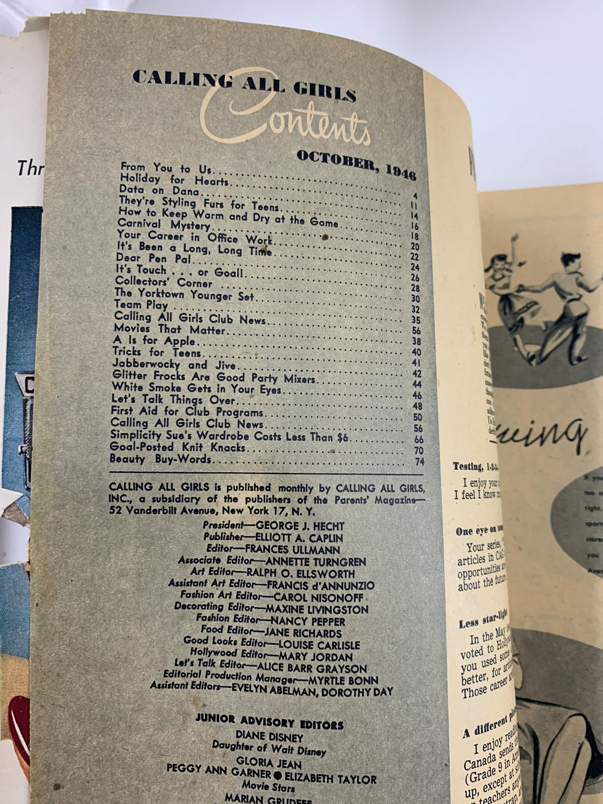 Contents page of VTG Calling All Girls Magazine October 1946, listing articles on fashion, advice, and trends for teens.