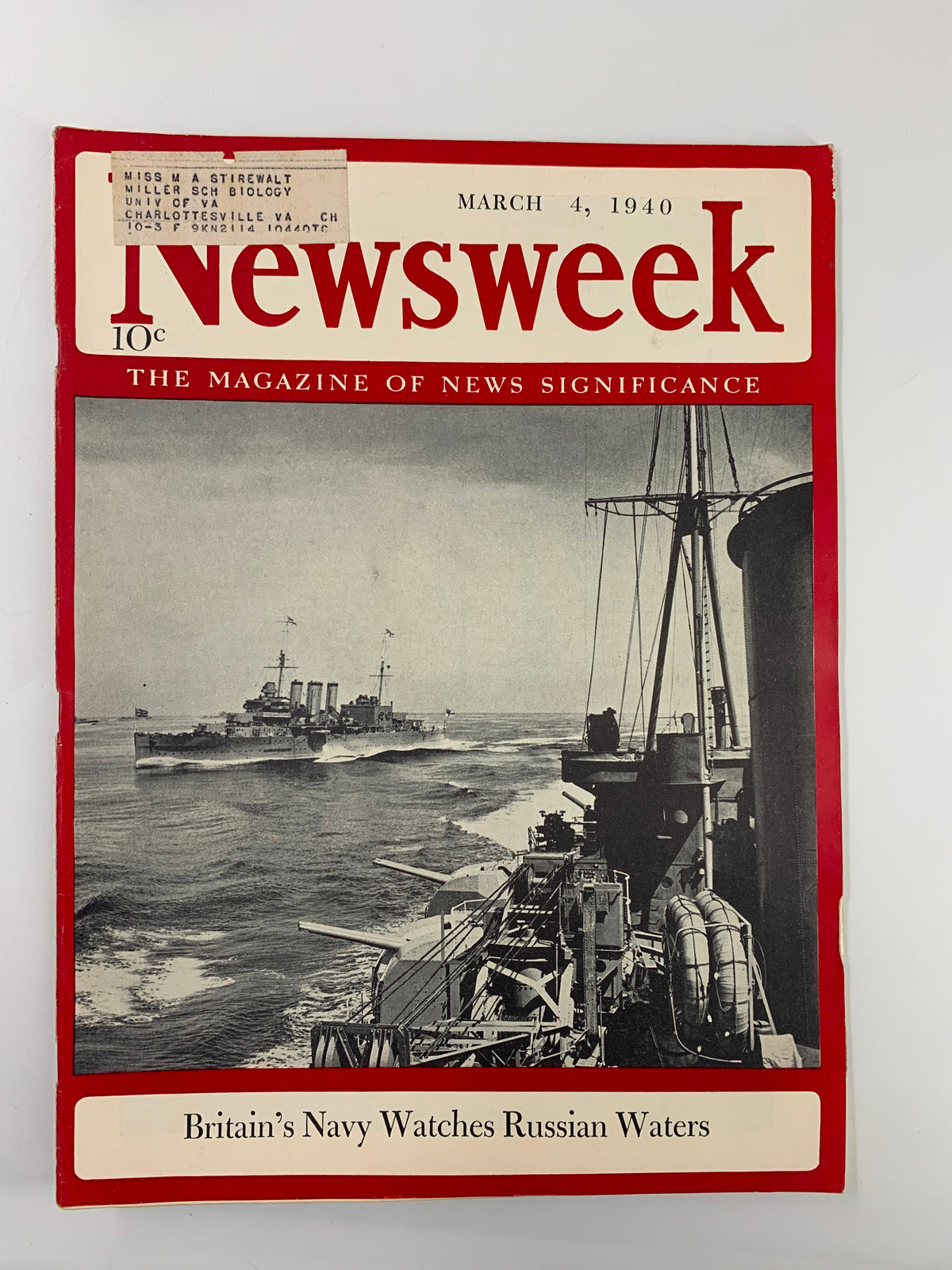 VTG Newsweek Magazine March 4, 1940 cover featuring the headline "Britain's Navy Watches Russian Waters" and a vintage image of naval ships at sea.