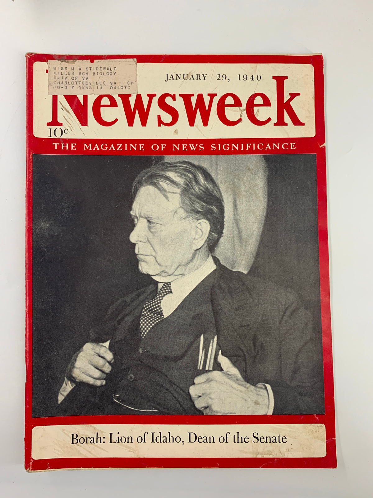 VTG Newsweek Magazine January 29 1940 featuring the cover image of Senator William Borah, known as the Lion of Idaho, showcasing his role as the Dean of the Senate.