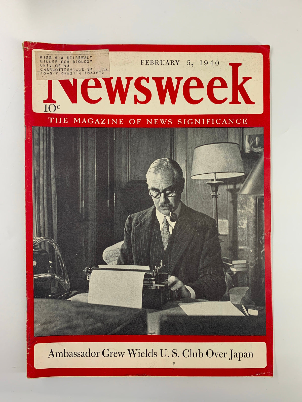 Cover of VTG Newsweek Magazine February 5, 1940 featuring Ambassador Grew wielding the US Club over Japan, highlighting key historical context before World War II.