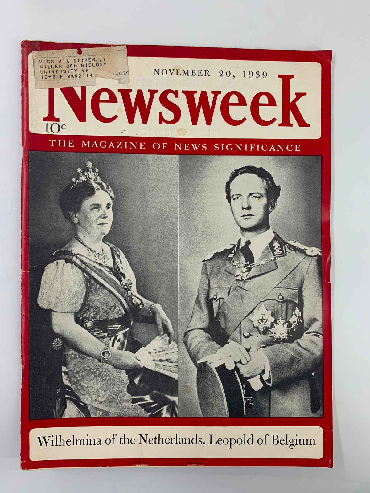 VTG Newsweek Magazine November 20, 1939 featuring Queen Wilhelmina of the Netherlands and King Leopold of Belgium on the cover, showcasing historic figures and events from the late 1930s.
